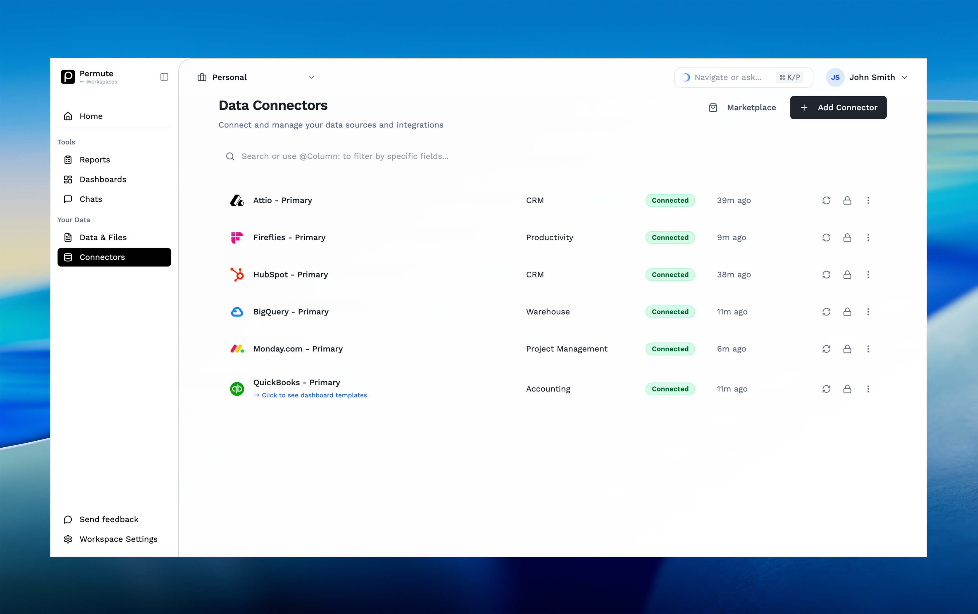 Permute connectors screen showing connected data sources