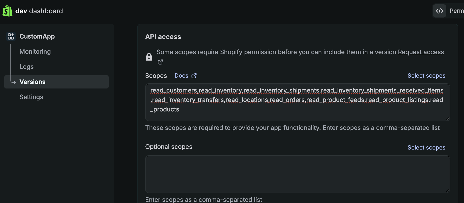 Shopify app version API access form with scopes entered in the required Scopes field