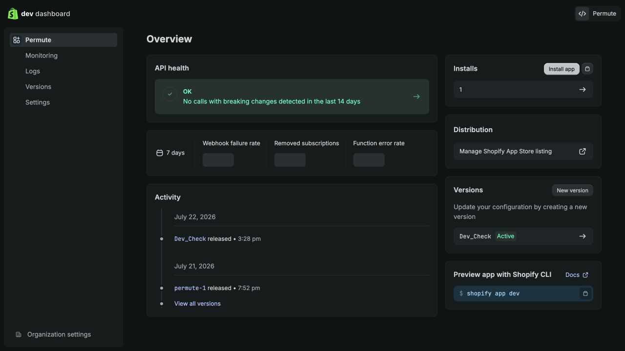 Shopify Dev Dashboard app overview with the Install app action
