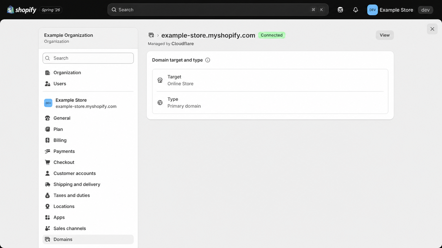 Shopify domain details page showing the permanent myshopify.com domain as the page heading