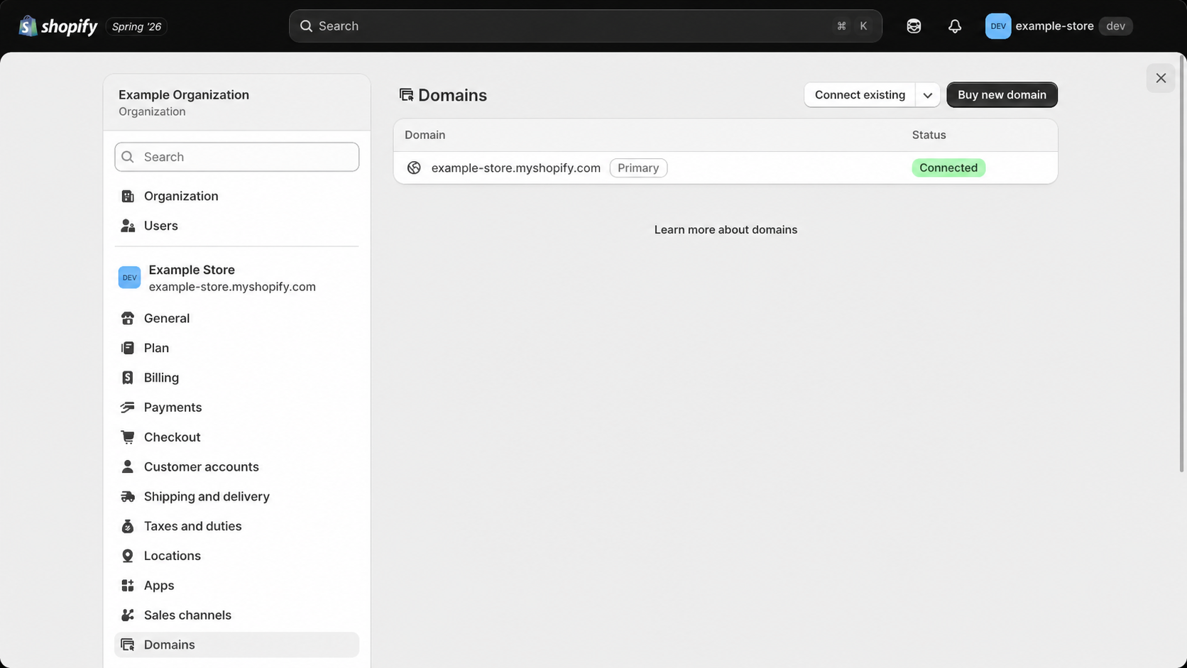 Shopify Admin settings with Domains selected and the myshopify.com domain row visible