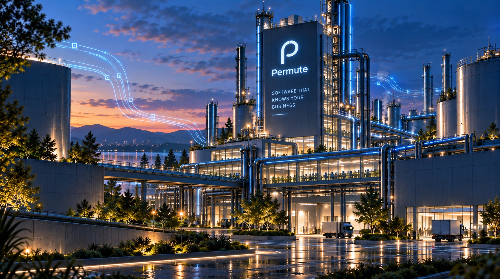 Permute Factory campus illuminated at dusk