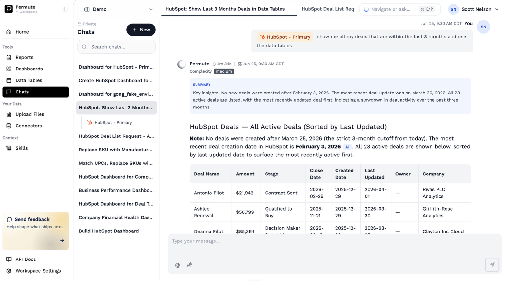 Permute chat analyzing HubSpot deals with a grounded summary and data table
