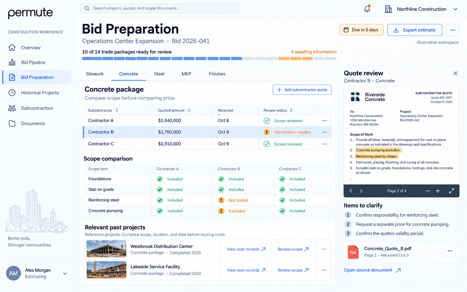 Illustrative light-mode Permute Bid Preparation workspace comparing subcontractor quotes and scope inclusions, with relevant past projects and a source document highlighting items to clarify.