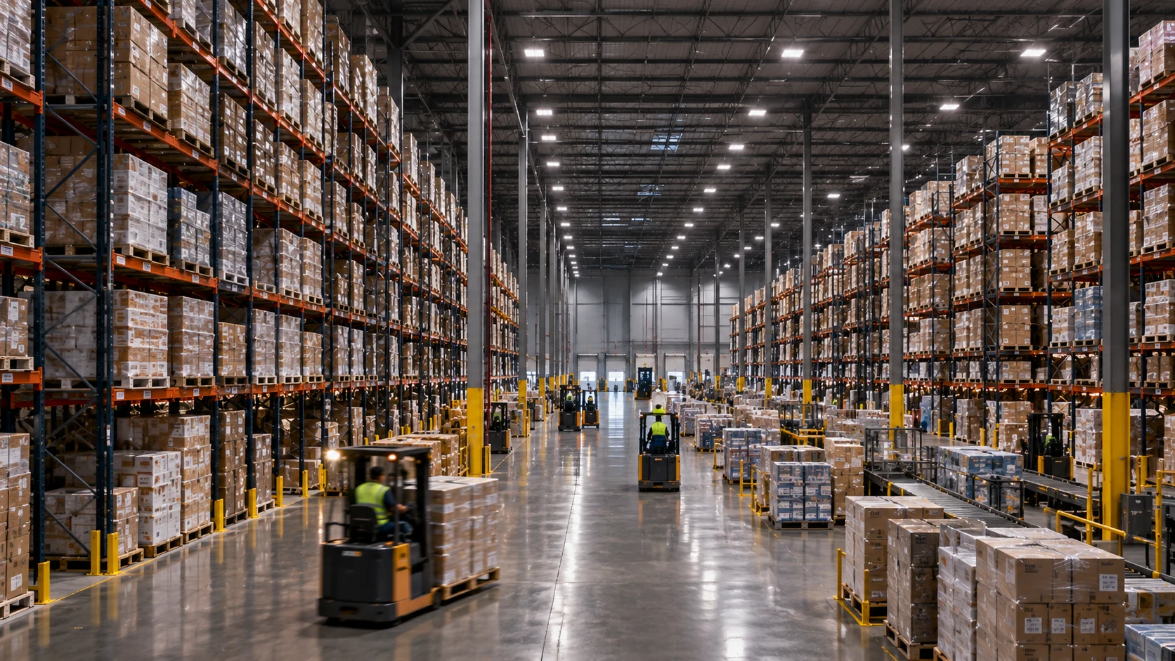 A warehouse with connected teams, equipment, and inventory